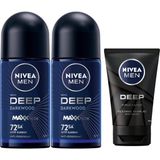 NIVEA Men Deep Dimension Yüz ve Sakal Temizleme Jeli, 100 ml, Aktif Karbon İçeriği ile Cildi Arındırır + NIVEA Men Erkek Roll On Deodorant Deep Dimension 72 Saat Anti-Perspirant Koruma (50 ml) X2