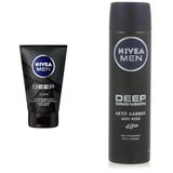 NIVEA Men Deep Dimension Yüz ve Sakal Temizleme Jeli, 100 ml, Aktif Karbon İçeriği ile Cildi Arındırır + NIVEA Men Erkek Sprey Deodorant Deep Dimension 48 Saat Anti-perspirant, 150 ml X2