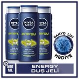 Nivea Men Energy 3x500 ml Duş Jeli Vücut Yüz Ve Saç Şampuanı + Banyo Lifi