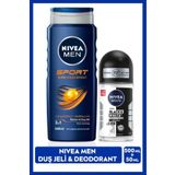 NIVEA Men Erkek Banyo Ve Duş Jeli Sport 500ml Ve Black & White Invisible Original Roll-on Deodorant 50ml