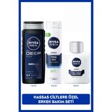 NIVEA MEN Erkek Deep Clean Duş Jeli 500ml, Hassas Tıraş Jeli ve Tıraş Sonrası Nemlendirici Balsam 100ml