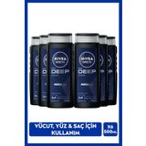 Nivea MEN Erkek Deep Dimension Banyo Ve Duş Jeli 500ml, 3'ü1 Arada Komple Bakım, Vücut Saç Ve Yüz, X6 Adet