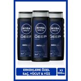 NIVEA MEN Erkek Deep Dimension Banyo ve Duş Jeli 500ml, 3'ü1 Arada Komple Bakım, Vücut Saç Yüz
