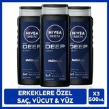 Nıvea MEN Erkek Deep Dimension Duş Jeli 500ml, 3ü1Arada Komple Bakım, Vücut Saç Yüz, Erkeksi Koku, X3Adet