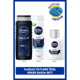 NIVEA MEN Erkek Deep Dimension Duş Jeli 500ml, Hassas Tıraş Jeli ve Tıraş Sonrası Balsam 100ml, Lif Hediye