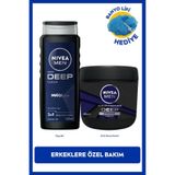NIVEA MEN Erkek Deep Dimension Duş Jeli 500ml ve Deep Impact Nemlendirici El Vücut Kremi 400ml, Lif Hediye