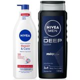 Nivea MEN Erkek Deep Dimension Duş Jeli 500ml ve Repair&Care Nemlendirici Vücut Losyonu 400ml, Kuru Cilt