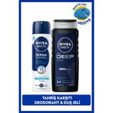 NIVEA MEN Erkek Deep Dimension Duş Jeli 500ml ve Sprey Deodorant Derma Control Defend 150ml, Lif Hediyeli