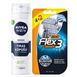 NIVEA MEN Erkek Hassas Ciltlere Özel Tıraş Köpüğü 200ml ve BIC Flex 3 Erkek Tıraş Bıçağı 6'lı Blister 3 Bıçak, Tıraş Bakım Seti, Tahriş Karşıtı