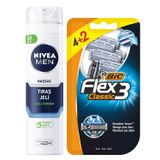 NIVEA MEN Erkek Hassas Tıraş Jeli 200ml ve BIC Flex 3 Erkek Tıraş Bıçağı 6'lı Blister 3 Bıçak, Hassas Ciltlere Özel Tıraş Seti, E Vitamini