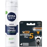 Nıvea Men Erkek Hassas Tıraş Köpüğü 200 ml + Bıc Hybrid 5 Flex 4'lü Yedek Tıraş Bıçağı - 1 Adet