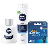 NIVEA MEN Erkek Hassas Tıraş Sonrası Balsam 100 ml, E Vitamini, Pro Vitamin, Alkolsüz, Hassas Ciltlere Özel + Tıraş Jeli 200 ml + BIC Hybrid 3 Flex 4'lü Yedek Tıraş Bıçağı Kartuşu