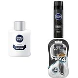 NIVEA MEN Erkek Hassas Tıraş Sonrası Balsam 100 ml, E Vitamini, Pro Vitamin, Alkolsüz, Hassas Ciltlere Özel + Tıraş Jeli Deep Dimension 200ml + BIC Flex 4 Erkek Tıraş Bıçağı 3'lü Blister (4 Bıçak)