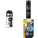 NIVEA MEN Erkek Roll On Deodorant Black & White Invisible Original 50 ml + Tıraş Jeli Deep Dimension 200ml + BIC Flex 3 Erkek Tıraş Bıçağı 6'lı Blister (3 Bıçak)