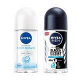 NIVEA Men Erkek Roll On Deodorant Black&White Invisible Fresh 48 Saat Anti-Perspirant Koruma, 50 ml + NIVEA Kadın Roll On Deodorant Fresh Natural 48 Saat Anti-Perspirant Koruma (50 ml) X2