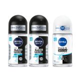 NIVEA Men Erkek Roll On Deodorant Black&White Invisible Fresh 48 Saat Anti-Perspirant Koruma, 50 ml X2 + NIVEA Kadın Roll On Deodorant Black & White Invisible Pure 48 Saat Koruma (50 ml)