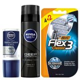 NIVEA MEN Erkek Roll-On Deodorant Derma Control Clinical 50 ml + Tıraş Jeli Deep Dimension 200ml + BIC Flex 3 Erkek Tıraş Bıçağı 6'lı Blister (3 Bıçak)