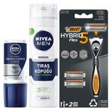 NIVEA MEN Erkek Roll-On Deodorant Derma Control Clinical 50 ml + Tıraş Köpüğü 200 ml + BIC Hybrid 5 Flex Erkek Tıraş Bıçağı 1 Sap ve 2 Yedek Başlık (5 Bıçak)