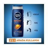 NIVEA MEN Erkek Sports Duş Jeli, 500 ml, 3ü 1 Arada Kullanım, Vücut, Yüz ve Saç, 24 Saat Ferahlık, Enerji Veren Koku