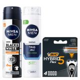 NIVEA Men Erkek Sprey Deodorant Black & White Invisible Güçlü Etki 72 Saat Anti-perspirant Koruma 150ml + Tıraş Jeli 200 ml + BIC Hybrid 5 Flex 4'lü Yedek Tıraş Bıçağı Kartuşu (5 Bıçak)