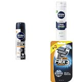 NIVEA Men Erkek Sprey Deodorant Black & White Invisible Güçlü Etki 72 Saat Anti-perspirant Koruma 150ml + Tıraş Köpüğü 200 ml + BIC Flex 3 Erkek Tıraş Bıçağı 6'lı Blister (3 Bıçak)
