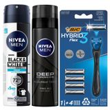 NIVEA MEN Erkek Sprey Deodorant Black&White Invisible Fresh 150 ml + Tıraş Jeli Deep Dimension 200ml + BIC Hybrid 3 Flex Erkek Tıraş Bıçağı 1 Sap ve 4 Yedek Başlık (3 Bıçak)