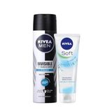 NIVEA Men Erkek Sprey Deodorant Black&White Invisible Fresh 48 Saat Anti-perspirant Koruma 150ml ve NIVEA Soft Krem 75ml