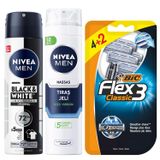 NIVEA MEN Erkek Sprey Deodorant Black&White Invisible Original 150ml + Tıraş Jeli 200 ml + BIC Flex 3 Erkek Tıraş Bıçağı 6'lı Blister (3 Bıçak)