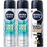 NIVEA Men Erkek Sprey Deodorant Cool Kick Fresh, 150 ml, Ter ve Ter Kokusuna Karşı 48 Saat KorumaX2 + NIVEA Men Erkek Sprey Deodorant Black&White Invisible Güçlü Etki 48 Saat Koruma (150ml)