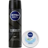 Nivea MEN Erkek Sprey Deodorant Deep Dimension 150ml, Ter Karşıtı ve Soft Nemlendirici Vücut Kremi 100ml