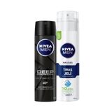 NIVEA Men Erkek Sprey Deodorant Deep Dimension 48 Saat Anti-perspirant Koruma 150ml ve NIVEA Men Hassas Tıraş Jeli 200ml, Hassas Ciltlere Özel Hızlı Koruma, Yanma Karşıtı, Alkolsüz Formül