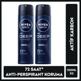 NIVEA MEN Erkek Sprey Deodorant Deep Dimension Aktif Karbon 150ml, 72 Saat Anti-perspirant, X2 Adet, Maskülen Koku, Ter Kokusu, Terleme Karşıtı