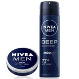 NIVEA MEN Erkek Sprey Deodorant Deep Dimension Darkwood 150ml, 72 Saat Anti-Perspirant Koruma, Maskülen Koku + NIVEA MEN Erkek Bakım Kremi 75 ml