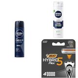 NIVEA MEN Erkek Sprey Deodorant Deep Dimension Darkwood 150ml + Tıraş Köpüğü 200 ml + BIC Hybrid 5 Flex 4'lü Yedek Tıraş Bıçağı Kartuşu (5 Bıçak)