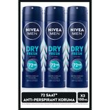NIVEA MEN Erkek Sprey Deodorant Dry Fresh 150ml, 72 Saat Terlemeye Karşı Koruma, Alkolsüz, X3 Adet