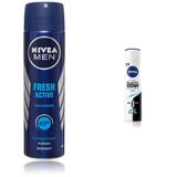 NIVEA Men Erkek Sprey Deodorant Fresh Active 150ml, Ter ve Ter Kokusuna Karşı 48 Saat Deodorant Koruması + NIVEA Kadın Sprey Deodorant Black&White Invisible Pure 48 Saat, 150 ml X2