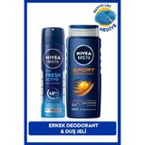 NIVEA MEN Erkek Sprey Deodorant Fresh Active 150ml ve Sport Duş Jeli 500ml, Banyo Lifi Hediyeli, Pudrasız