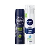 NIVEA Men Erkek Sprey Deodorant Fresh Power 150ml ve NIVEA Men Hassas Tıraş Jeli 200ml, Hassas Ciltlere Özel Hızlı Koruma, Yanma Karşıtı, Alkolsüz Formül