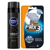 NIVEA MEN Erkek Tıraş Jeli Deep Dimension 200ml ve BIC Flex 3 Erkek Tıraş Bıçağı 3'lü Blister 3 Bıçak, Tıraş Bakım Seti, Kaygan Tıraş