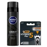 NIVEA MEN Erkek Tıraş Jeli Deep Dimension 200ml ve BIC Hybrid 5 Flex 4'lü Yedek Tıraş Bıçağı Kartuşu 5 Bıçak, Tıraş Bakım Seti