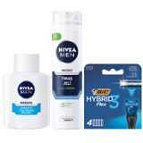 NIVEA Men Hassas Serinletici Tıraş Sonrası Balsam 100 ml, Hassas Ciltler, Alkolsüz Formül, Hızlı Emilir + Tıraş Jeli 200 ml + BIC Hybrid 3 Flex 4'lü Yedek Tıraş Bıçağı Kartuşu