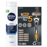 NIVEA Men Hassas Tıraş Jeli 200 ml+ BIC Flex 5 Hybrid Tıraş Bıçağı Seti 1 Gövde + 10 Yedek Başlık 5 Bıçaklı Erkek Tıraş Bıçağı