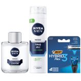 NIVEA Men Hassas Tıraş Sonrası Losyon 100 ml, Hassas Ciltler, Alkolsüz Formül, Hızlı Emilir + Tıraş Jeli 200 ml + BIC Hybrid 3 Flex 4'lü Yedek Tıraş Bıçağı Kartuşu