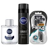NIVEA Men Hassas Tıraş Sonrası Losyon 100 ml, Hassas Ciltler, Alkolsüz Formül, Hızlı Emilir + Tıraş Jeli Deep Dimension 200ml + BIC Flex 4 Erkek Tıraş Bıçağı 3'lü Blister (4 Bıçak)