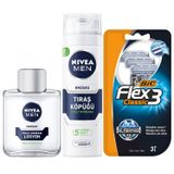 NIVEA Men Hassas Tıraş Sonrası Losyon 100 ml, Hassas Ciltler, Alkolsüz Formül, Hızlı Emilir Tıraş Köpüğü 200 ml + BIC Flex 3 Erkek Tıraş Bıçağı 3'lü Blister (3 Bıçak)