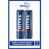 NIVEA Nude Ve Kırmızı Renkli Nemlendirici Dudak Bakım Kremi 4.8gr, Spf30 Güneş Koruyucu, Allık Etkisi