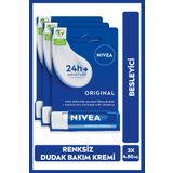 NIVEA Original Care Renksiz Dudak Bakım Kremi 4.8gr, 24 Saat Nemlendirici,Shea Yağı,3x Adet