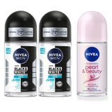Nivea Pearl Beauty 50 ml Kadın Roll On Deodorant ve Men Black White Invisible Fresh 50 ml Erkek Roll On Deodorant
