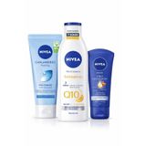 NIVEA Q10 250 ml Sıkılaştırıcı Vücut Losyonu + Yüz Peelingi 150 + El Kremi 75 ml Üçlü Set