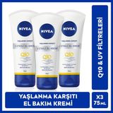 Nıvea Q10 3 Etkili El Bakım Kremi 75ml, UV Filtresi, Nemlendirici, Eşit Cilt Tonu,X3Adet